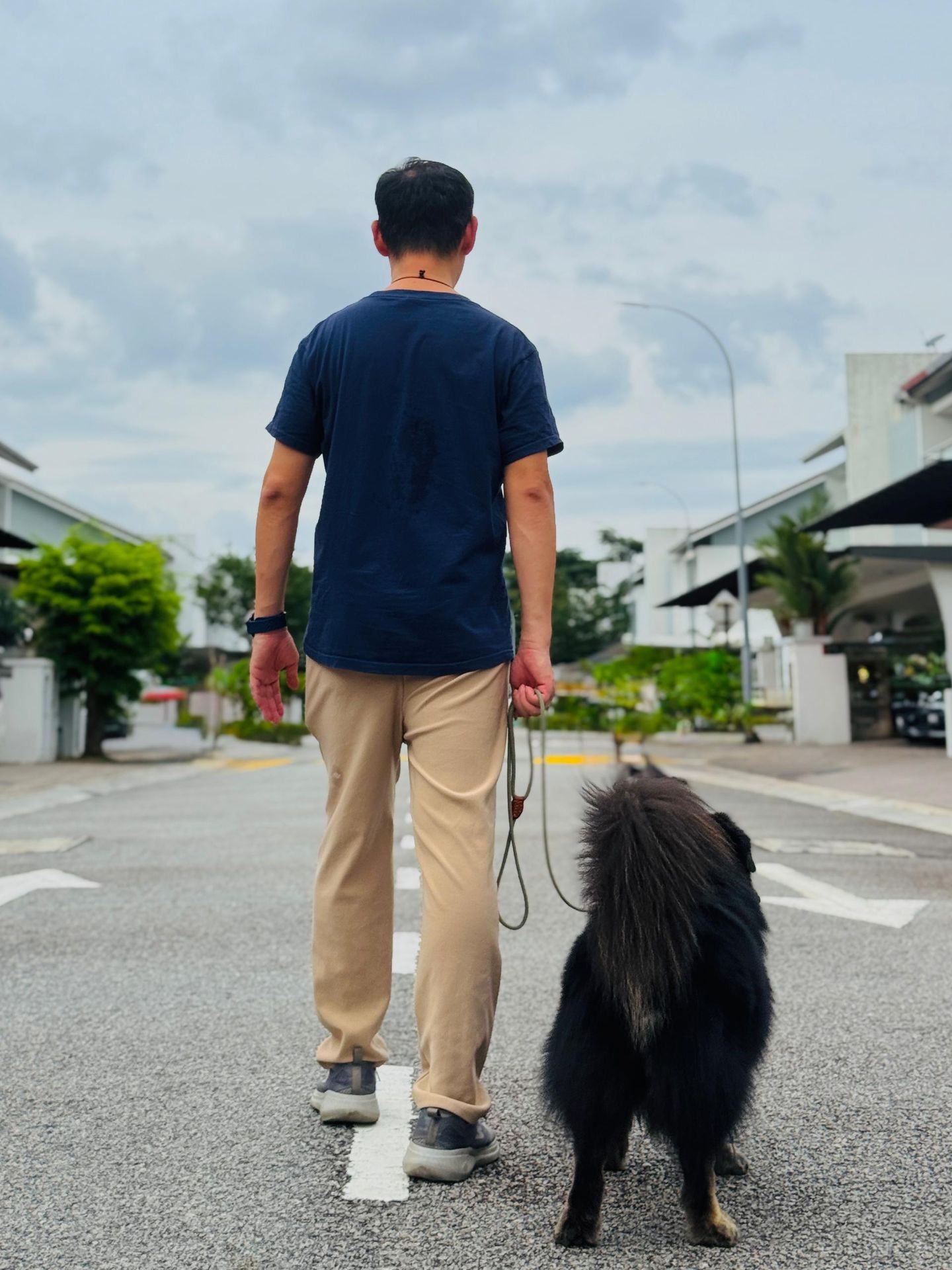 Man wearing a blue shirt and beige pants walking a fluffy black dog on a quiet residential street.